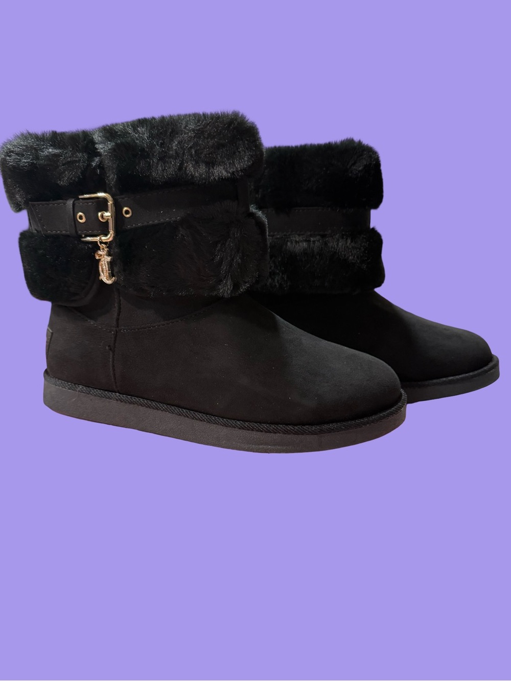 Juicy Couture Black Faux Fur Cuff Buckle Charm Ankle Boots